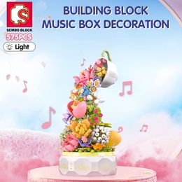 Blokkeert Sembo Block 575pcs Tea Pot Bloemverlichting Muziekbox Bouwsteen Home Decor Anime Creative Gift Toy for Child Volwassenen 230821