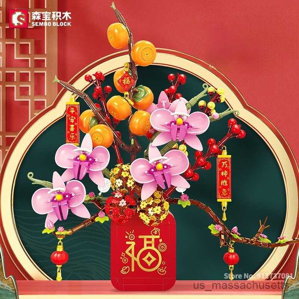 Bloques Sembo Año Nuevo Año Nuevo Bouquet Light Music Building Block Decoración china para el festival de primavera Flores Orange Tree Año Nuevo R230817