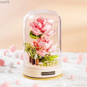 Bloques Simulación Planta Flor Rosa Caja de música Juguete de bloques de construcción DIY Ramo romántico Caja de música Ensamblaje Decoración Juguete para niños Regalo R231020