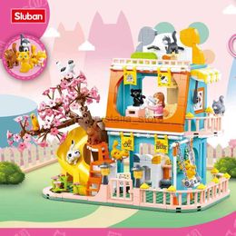 Blokken Sluban Bouwsteenspeelgoed Girls Dream Pink Series B1089 Cat House Pet Shop 521PCS Bricks Compatibel met toonaangevende merken 240120