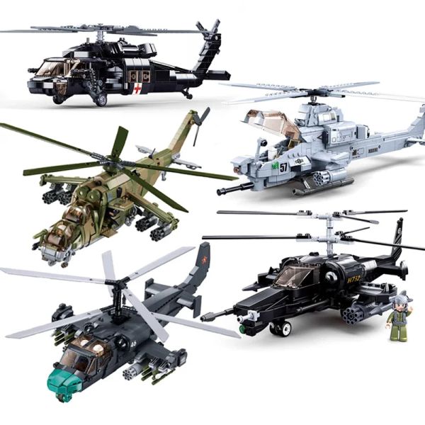 Bloques Sluban Fighter moderno Kamov KA52 MI24 Black Shark AT1 Ataque Helicóptero Segunda Guerra Mundial Aeronave Militares Buques de construcción Modelo de niños Juguete