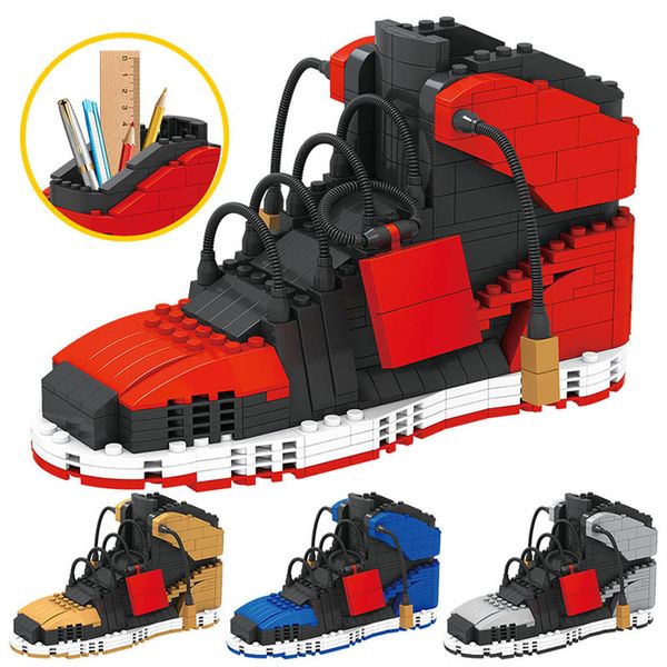 Blocs Sport Basketball Chaussures Construction Sneakers Modèles Stylo Conteneur DIY Mini Briques Crayon Boîte Jouets pour Enfants Garçon Papeterie 230724