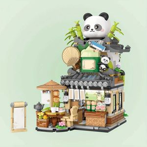 Blokkeren Street View Spring Style Cute Bear Coffee Shop Panda Tea House Mini Building Block Set Diy Brick Home Decoration H240523