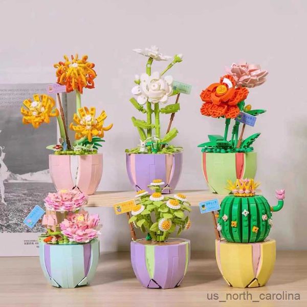 Blocs Plantes succulentes en pot blocs de construction ensemble Lily pissenlit Rose fleur Bouquet brique éducation jouets pour filles cadeau de noël R230907