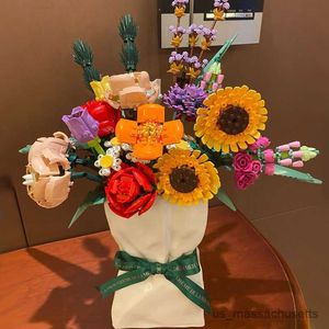 Blokkeert zonnebloemblokken eeuwigdurende bloemensimulatie Bouquet Children's Diy Assembled Educational Building Block Toys Sunflower Ornament R230817