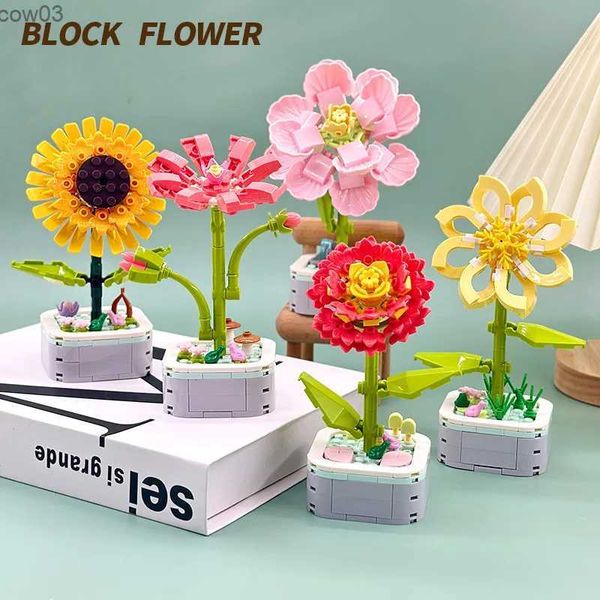 Bloques Ramo de girasol Kit de bloques de construcción DIY Flores de orquídeas eternas Bloque de juguete Conjunto de ladrillos en maceta de rosas Ensamblaje Chica Adulto Amigo Regalo R231020