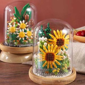 Blocks Sunflower in Glass Cove Dome Bouquet Rose Bouquet Blocys Bouchs Assembly Artificial Assembly Flowers for Christmas Saint Valentin's Day Cadeaux R230817