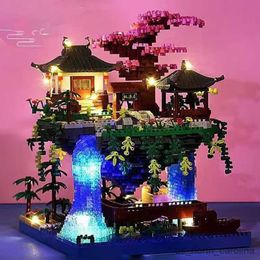 Blokken Suzhou Tuin Tempel Paviljoen Waterval LED Licht Diamant Blokken Model Speelgoed Voor Kinderen speelgoed R230907