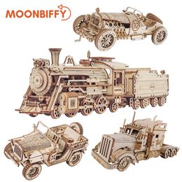 Blokken treinmodel 3D houten puzzel speelgoed assemblage locomotief bouwkits voor kinderen kinderen verjaardagscadeau speelgoed 230322