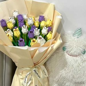 Blocs de construction de fleurs de tulipes, Bouquet de plantes créatives à faire soi-même, violet, ensemble de fleurs décorées, cadeaux pour enfants R231031