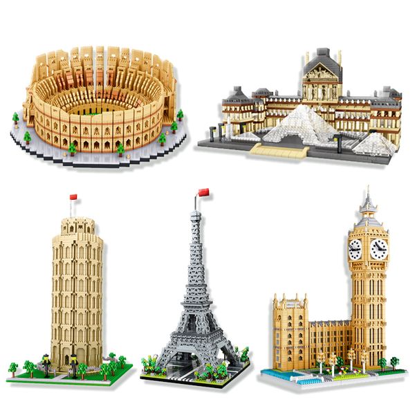 Bloques Arquitectura mundial Bloques de construcción Ciudad famosa Ladrillos de diamantes Louvre Big Ben Coliseo Modelos Ladrillos Juguetes educativos Regalos 230612