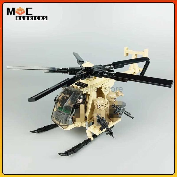 Bloques Serie militar de la Segunda Guerra Mundial, nuevos helicópteros MH-6 Little Bird con soldados, bloques de construcción MOC, soporte de exhibición de avión, ladrillos, juguetes, regalos 240120