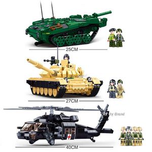 Bloques de la Segunda Guerra Mundial Helicóptero militar del ejército 2In1 T-72B3 STRV-103 Tank de batalla principal Conjuntos de vehículos de construcción soldados Juguetes para niños Regalo