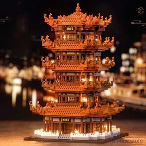 Blokken gele kraantoren microdeeltjes bouwstenen assembleren speelgoed Chinese stijl gebouw model decoratie