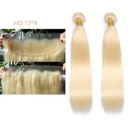 Blonde 3 pc's/kavel Maleisian100% Hoogtehaar recht 2 bundels met HD 13x4 Lace frontale lichaamsgolf 613# kleur 10-30 inch