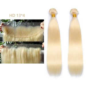 Blonde 3 pcs / lot Malaisien 100% cheveux humains droits 2 paquets avec HD 13x4 en dentelle Frontal Body Wave 613 # Couleur 10-30nch