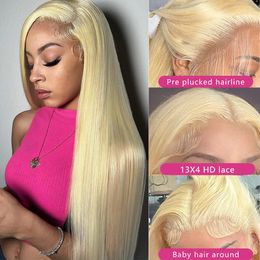 Blonde 4*4 Vetersluiting Pruiken Braziliaanse Remy Human Hair 12-26 Inch Rechte Blonde Lace Front Pruiken 150% Dichtheid