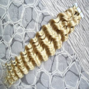 Blond 40 stks Curly Tape Hair Extensions 8A Breng Tape Adhesive Skin Inslag Haar 10 