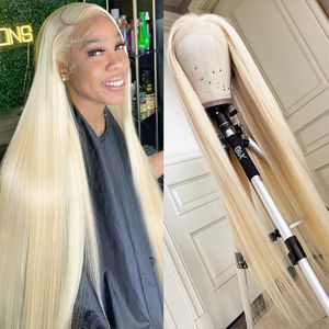 Perruque Lace Front Wig naturelle lisse, cheveux humains, sans colle, blond 613, pre-plucked, densité 220%, 30 36 pouces, 13x4 13x6, Hd