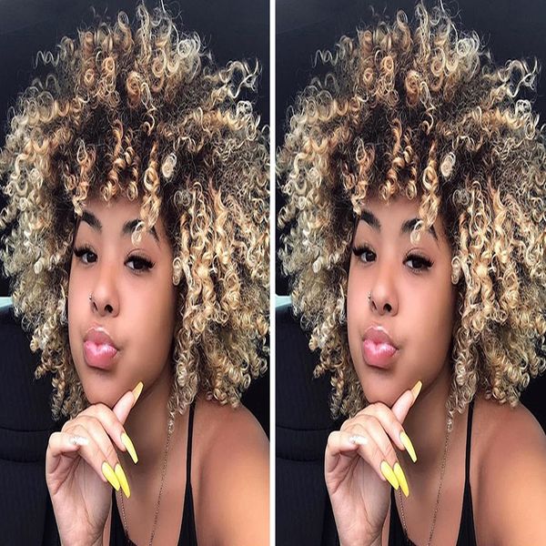 Blonde Afro Kinky Bouclés Perruques Coloré Ombre Dentelle Avant Fermeture Perruque 4x4 Court Perruques de Cheveux Humains Avec Bébé Cheveux Coupe Bob 1B427