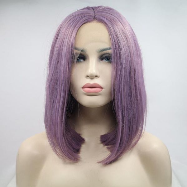 Parrucca anteriore in pizzo sintetico caschetto biondo corto dritto Ombre frontale Cosplay capelli colorati Lolita parrucche viola rosa per donne nere