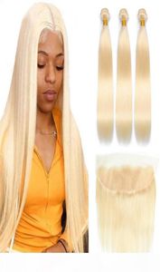 Blonde Bundels met Frontaal Steil Haar 613 Bundels met Frontale Sluiting Brazilian Hair Weave Bundels 13x4 HD Kant Frontaal9937029