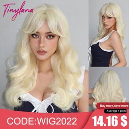 Blond gingembre jaune Lolita Cosplay synthétique s cheveux naturels longs bouclés ondulés avec frange pour les femmes fête résistant à la chaleur 240113