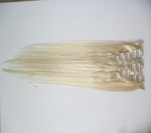 Extensions de cheveux naturels brésiliens Remy lisses blonds, 100G, 7 pièces, ensemble tête complète avec clips, fabriqués à la Machine, 10-26