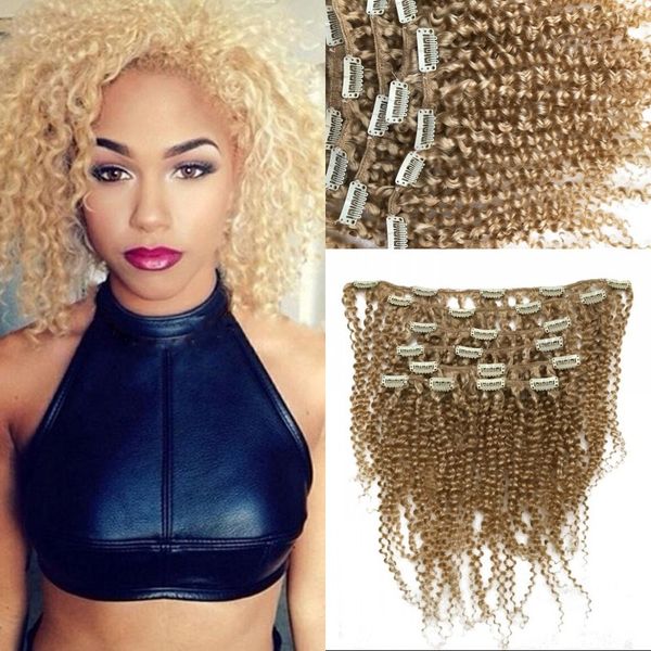 FDshine – Extensions de cheveux mongoliens naturels, 7 pièces/ensemble, cheveux crépus bouclés, blonds, avec clips, #613, Extensions de cheveux