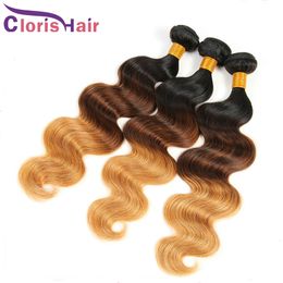 Blonde Menselijk Haar Bundels Maagd Peruaanse Body Wave Ombre Weave Goedkope 1b 4 27 Three Tone Golvend Gekleurde Hair Extensions Healthy End