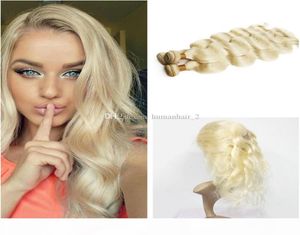 Les cheveux humains blonds tissaient avec 360 bandes en dentelle complète brésilien frontale 613 Platine Blond Body Wave 3bundles avec 360 en dentelle frontale C6363532