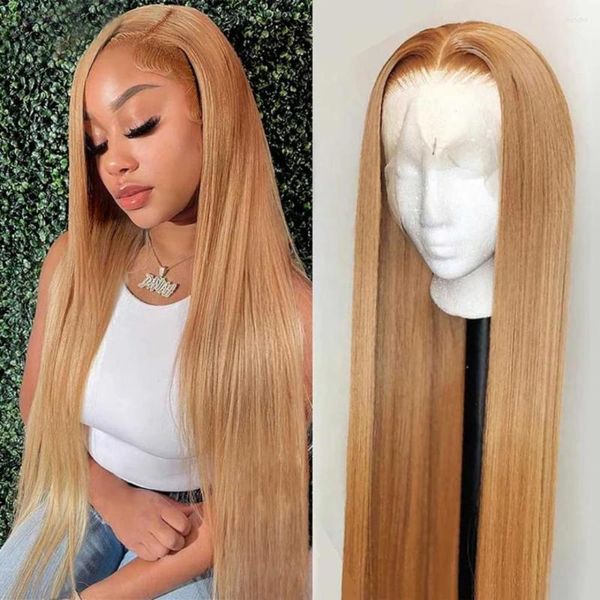 Blonde longue soyeuse droite dentelle avant pour les femmes tenue quotidienne Cosplay Costume fête cheveux synthétiques en Fiber de chaleur