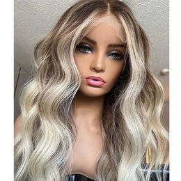 Rubio ombre balayage remy cabello humano encaje peluca delantera ola ola ola de encaje