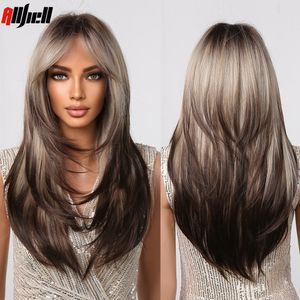 Blonde ombre gelaagde synthetische pruiken met knal voor vrouwen Lang rechte haar donkerbruine highlights Wig Heat Resistant Cosplay UseF