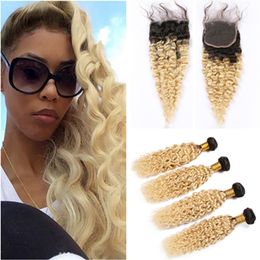 Blonde Ombre Peruvian Wet and Wavy Human Hair Closure with Bundles #1B 613 Ombre Water Wave Virgin Hair Weaves 4Bundles with Closure