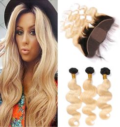 Blonde Ombre zijdebasis Volledige kanten sluiting 13x4 met weefsels golvende 3bundels 1B613 Twee toon ombre maagdelijk haar met zijde top frontal4682056