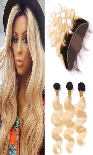 Blonde Ombre Soie Base Full Lace Closure 13x4 Avec Tissages Ondulés 3Bundles 1B613 Deux Tons Ombre Vierge Cheveux Avec Soie Top Frontal5365720