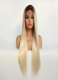 Blond Ombre Synthetische Kanten Voorkant Pruik 24 inch Hittebestendig Lang Recht Synthetisch haar Pruik Lijmloos Blond Synthetisch Kanten Voorkant 4048029