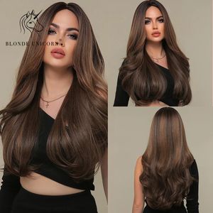 Perruque synthétique blonde licorne ombrée brune, cheveux longs ondulés sans frange pour femmes, résistante à la chaleur, utilisation pour fête Cosplay Daliy 240110