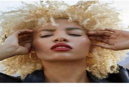 Vierge blonde Humain Afro Puffle Coiffure Ponde à coiffure Poneytail Updos Afro-américain Short Curly Wrap Bun Trawstring pour WOM1191400