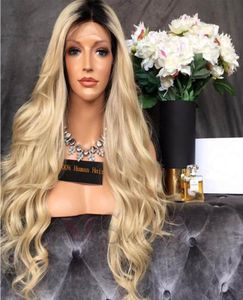 Blonde pruik Donkere wortels 1BT613 Bodygolftextuur 22 24inch snelle schip Middle Part Sew in volle kanten pruiken blond menselijk haar WIG4273580