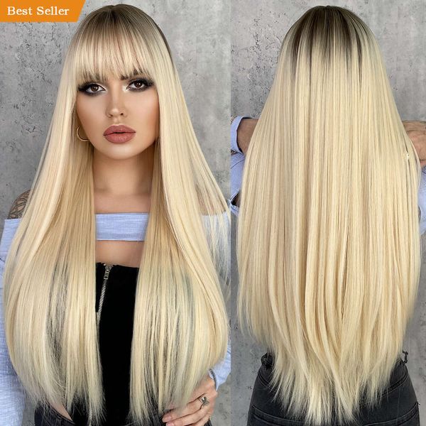 Perruque blonde longue perruques hétéros avec une frange noire rose rouge bleu gris perruque synthétique pour les femmes cosplay pelucas percuas