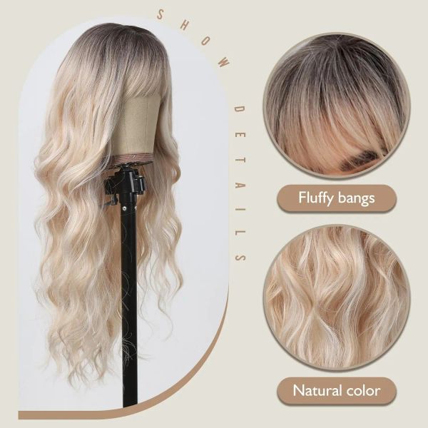 Pelucas rubias con flequillo pelucas onduladas largas para mujeres rayas de platino resaltado peluca ondulada larga y rizada con raíces oscuras peluca de cabello sintético