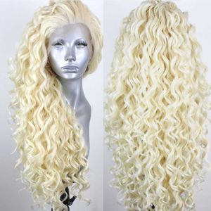 Blonde Synthetische Lace Pruiken voor Vrouwen Kinky Krullend Pruik Natuurlijke Haarlijn Blonde Pruik Gratis Deel Cosplay Pruiken Hoge Temperatuur 230524