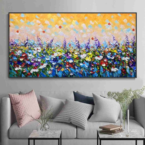 Blooming Coloré Fleur Texture Peint À La Main Peinture À L'huile Boho Floral Paysage Grand Mur Décor Mural Art Mural Pour La Décoration Intérieure L230620