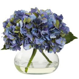 Flores artificiales de hortensia en flor con jarrón, azul