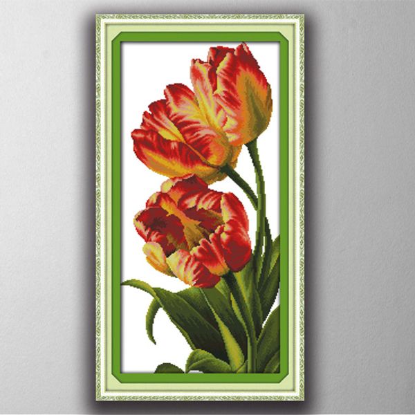 Cesta de flores de tulipán rosa en flor, decoración del hogar, bordado de punto de cruz hecho a mano, conjuntos de costura contados, impresión en lienzo DMC 14CT /11CT