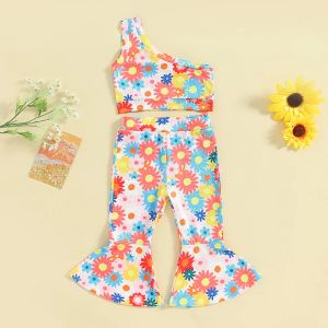 Blotona Toddler Baby Bell Bottoms Outfit Girl Summer One Shoulder Floral Tank Tops Flared Pants Set set