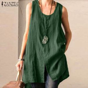 Blouse 2023 Zomer Mouwloze Split Tanks Tops ZANZEA Vrouwen Katoen Linnen Blouse Vintage Solid Party Shirt Vrouwelijke Blusas Tuniek Tops Tee