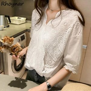 Blouse Blouse Vrouwen Zomer Uitgehold Mode Zoete Maiden Half Mouw Dunne V-hals Casual Eenvoudige Allmatch Koreaanse Stijl Fee Hot Koop